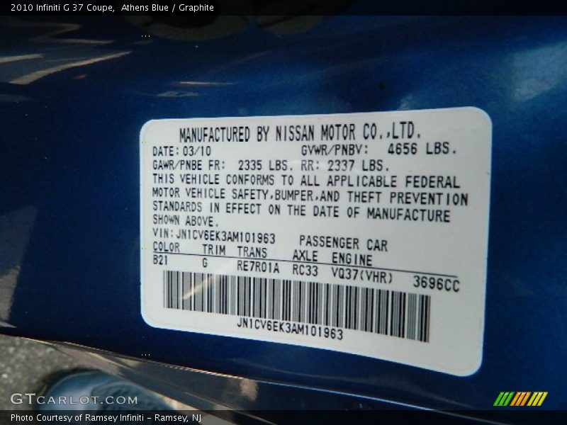 Athens Blue / Graphite 2010 Infiniti G 37 Coupe