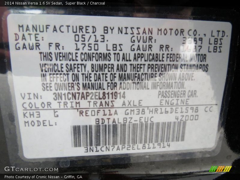 2014 Versa 1.6 SV Sedan Super Black Color Code KH3