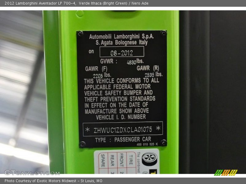 Info Tag of 2012 Aventador LP 700-4
