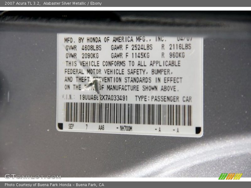 Alabaster Silver Metallic / Ebony 2007 Acura TL 3.2