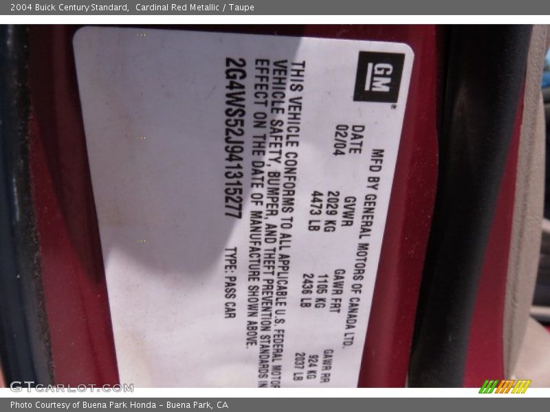 Cardinal Red Metallic / Taupe 2004 Buick Century Standard