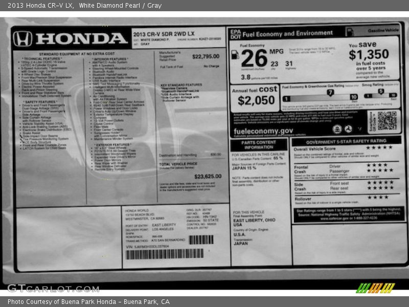 White Diamond Pearl / Gray 2013 Honda CR-V LX