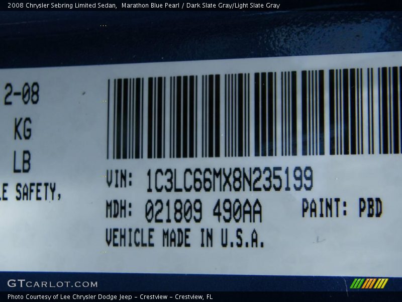 Marathon Blue Pearl / Dark Slate Gray/Light Slate Gray 2008 Chrysler Sebring Limited Sedan