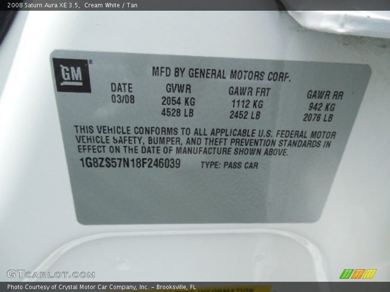 Cream White / Tan 2008 Saturn Aura XE 3.5