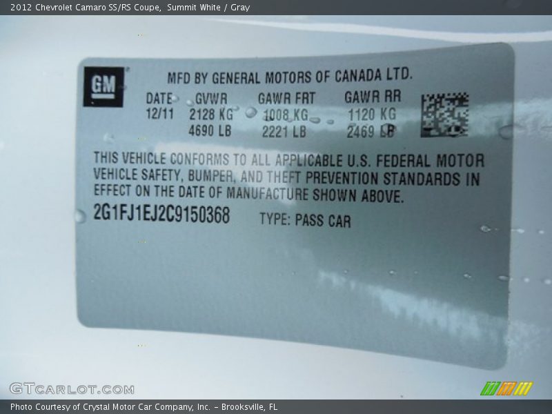 Summit White / Gray 2012 Chevrolet Camaro SS/RS Coupe