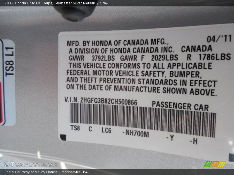 Alabaster Silver Metallic / Gray 2012 Honda Civic EX Coupe