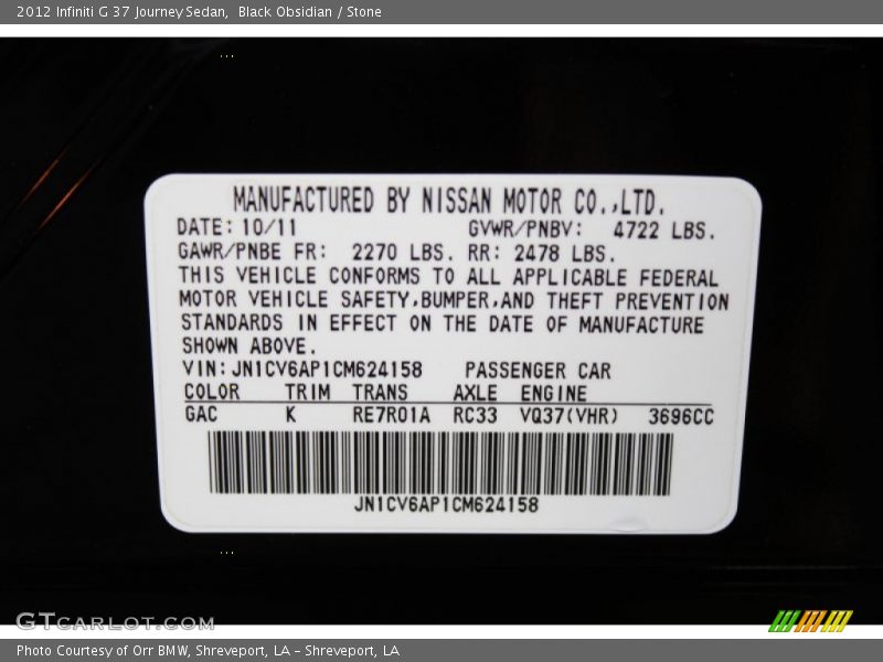 Black Obsidian / Stone 2012 Infiniti G 37 Journey Sedan