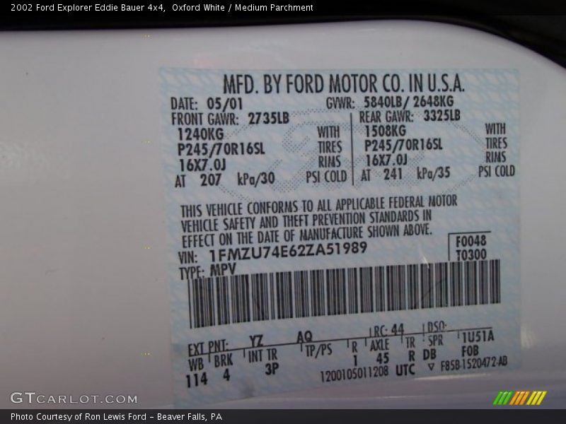 2002 Explorer Eddie Bauer 4x4 Oxford White Color Code YZ