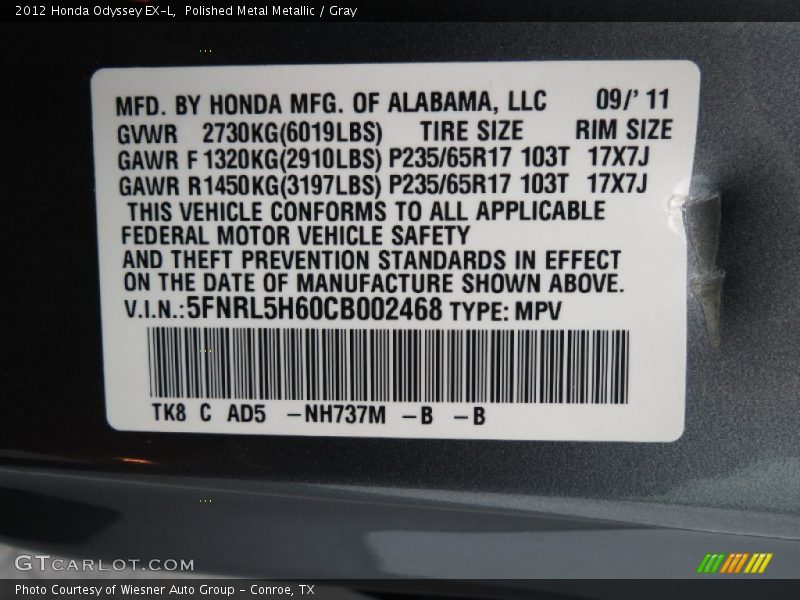 Polished Metal Metallic / Gray 2012 Honda Odyssey EX-L