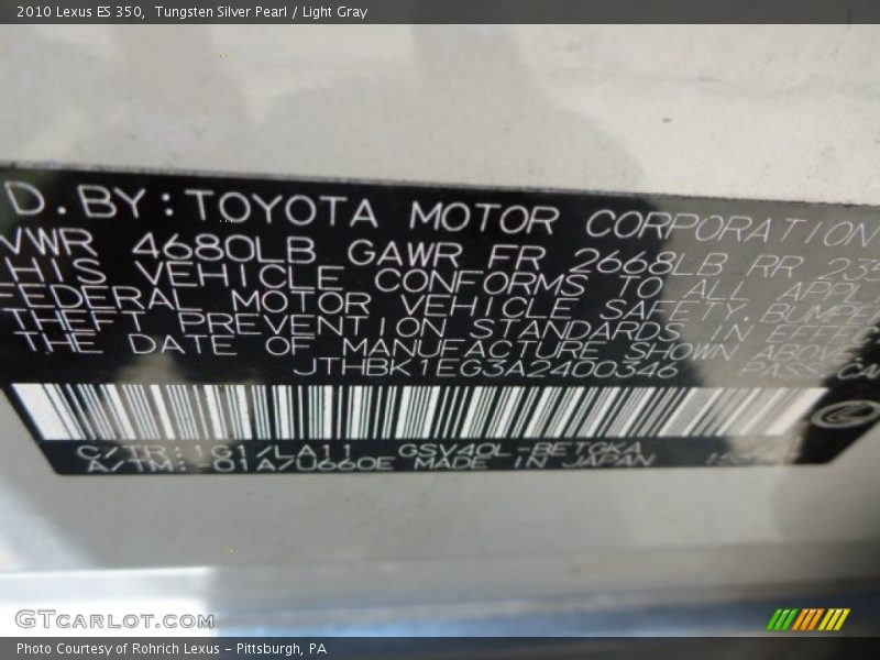 Tungsten Silver Pearl / Light Gray 2010 Lexus ES 350