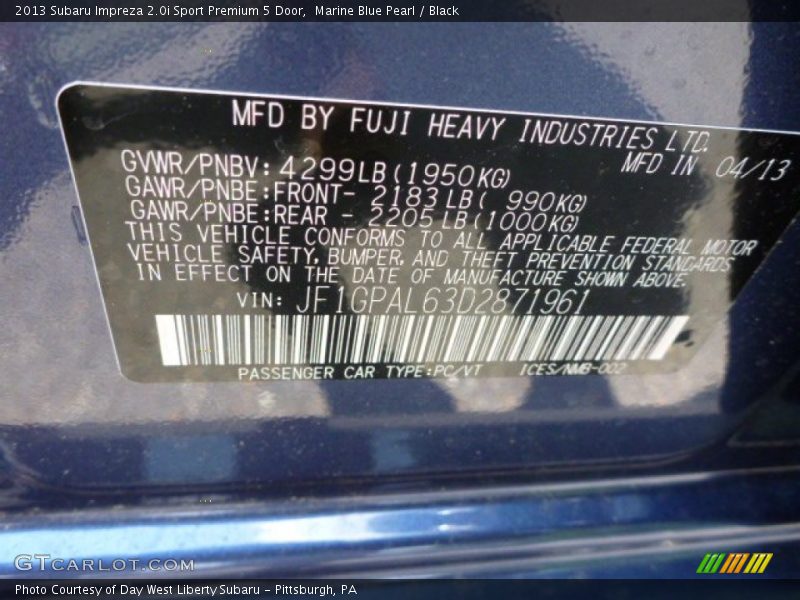 Marine Blue Pearl / Black 2013 Subaru Impreza 2.0i Sport Premium 5 Door