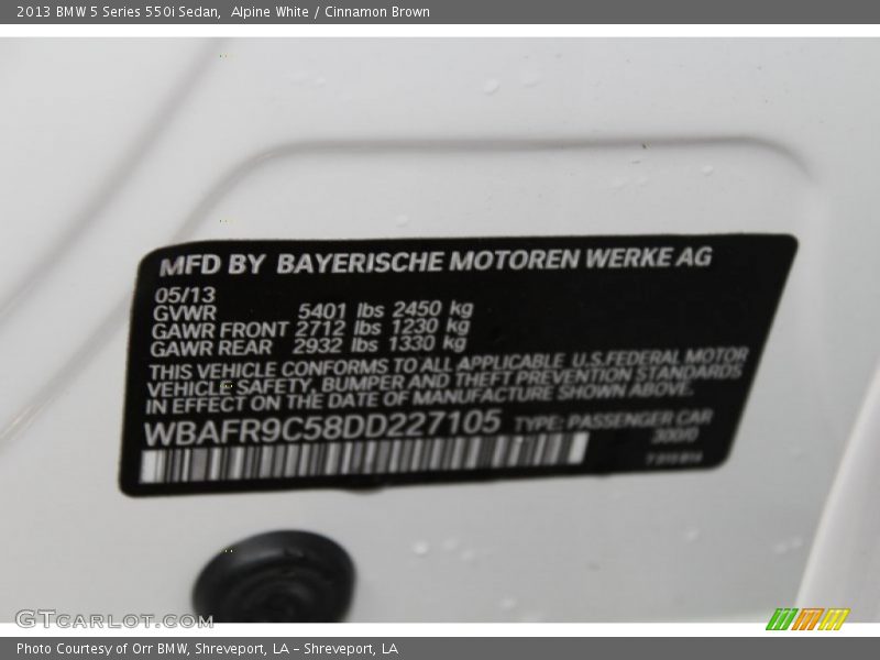 Alpine White / Cinnamon Brown 2013 BMW 5 Series 550i Sedan