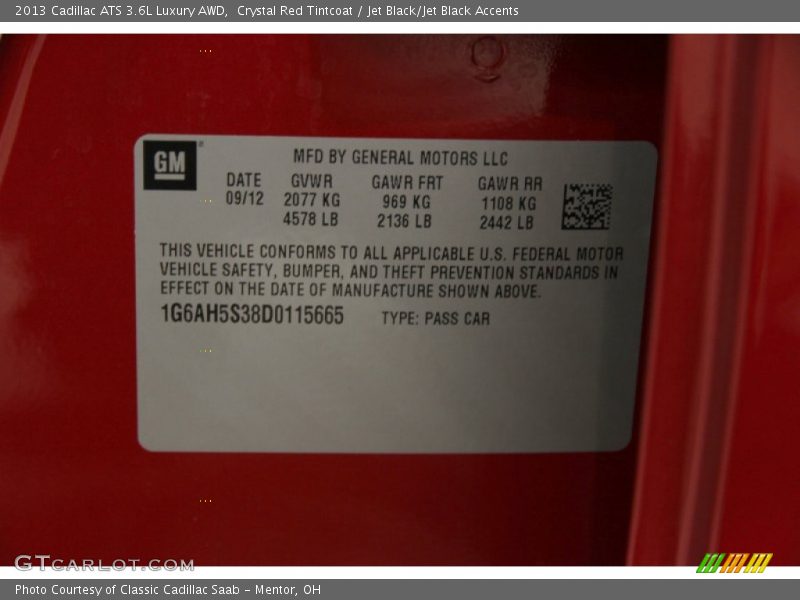 Crystal Red Tintcoat / Jet Black/Jet Black Accents 2013 Cadillac ATS 3.6L Luxury AWD