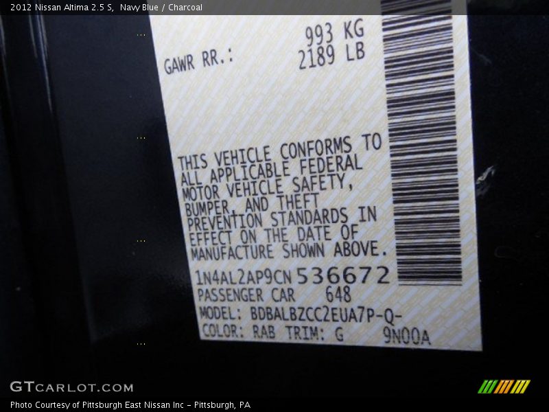 Navy Blue / Charcoal 2012 Nissan Altima 2.5 S