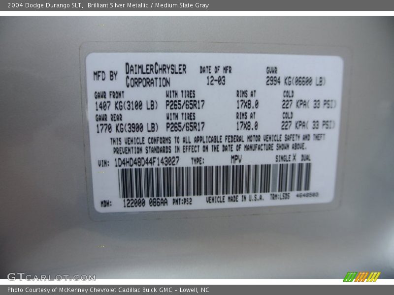 Brilliant Silver Metallic / Medium Slate Gray 2004 Dodge Durango SLT