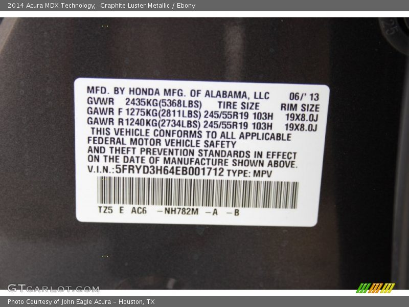 Graphite Luster Metallic / Ebony 2014 Acura MDX Technology