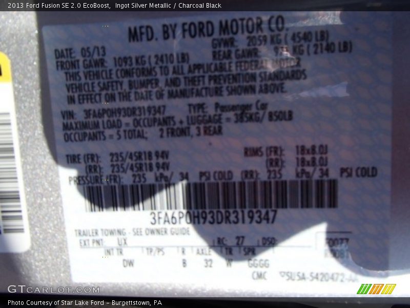 Ingot Silver Metallic / Charcoal Black 2013 Ford Fusion SE 2.0 EcoBoost