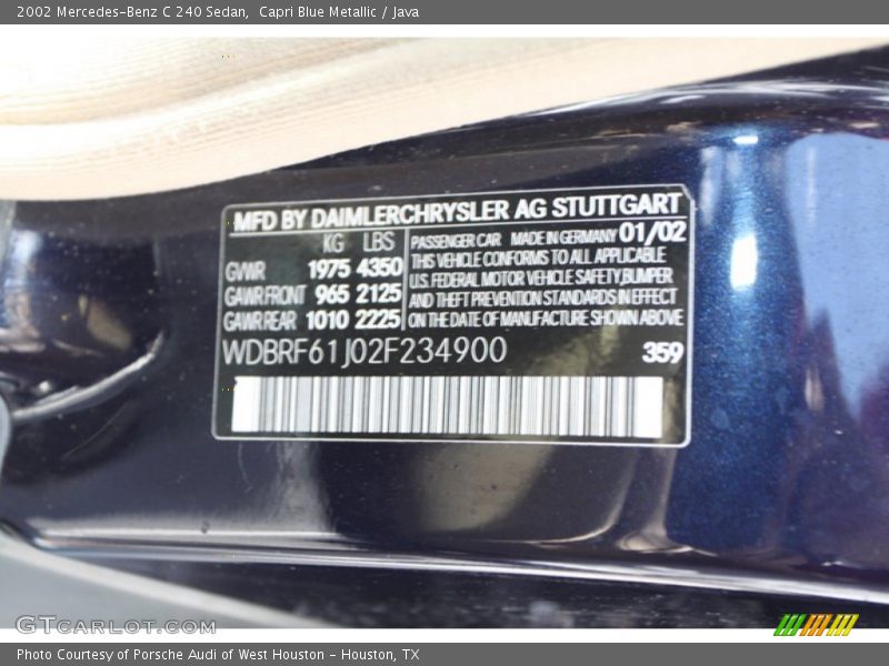 2002 C 240 Sedan Capri Blue Metallic Color Code 359
