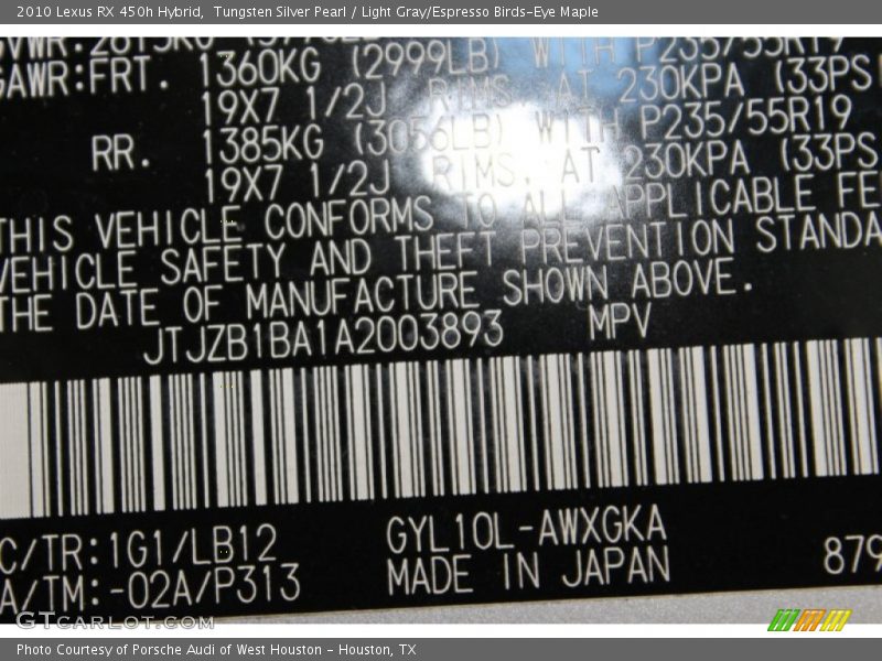 Tungsten Silver Pearl / Light Gray/Espresso Birds-Eye Maple 2010 Lexus RX 450h Hybrid