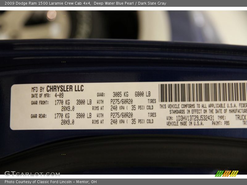 Deep Water Blue Pearl / Dark Slate Gray 2009 Dodge Ram 1500 Laramie Crew Cab 4x4