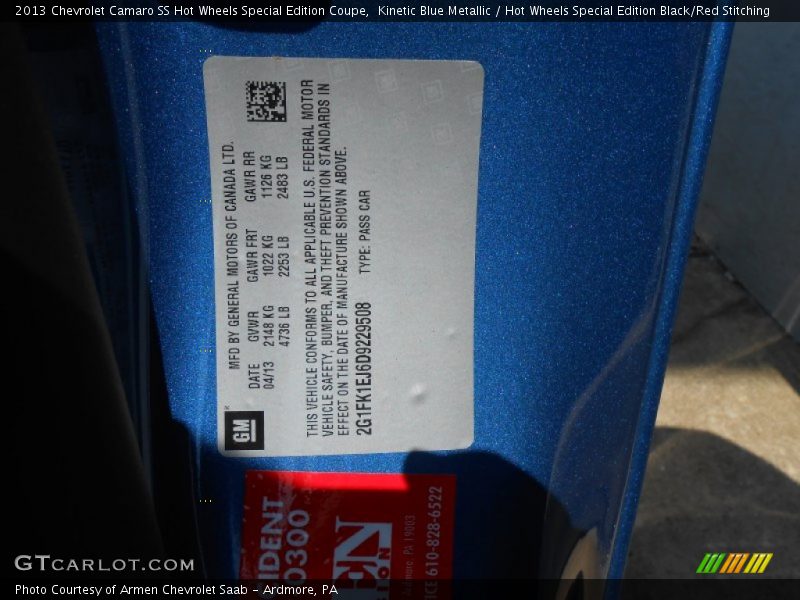 Info Tag of 2013 Camaro SS Hot Wheels Special Edition Coupe