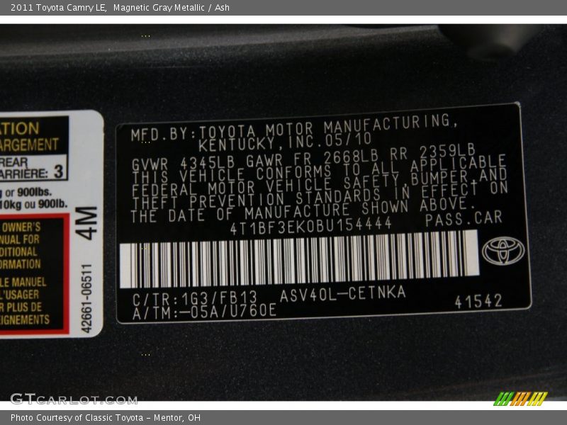 Magnetic Gray Metallic / Ash 2011 Toyota Camry LE