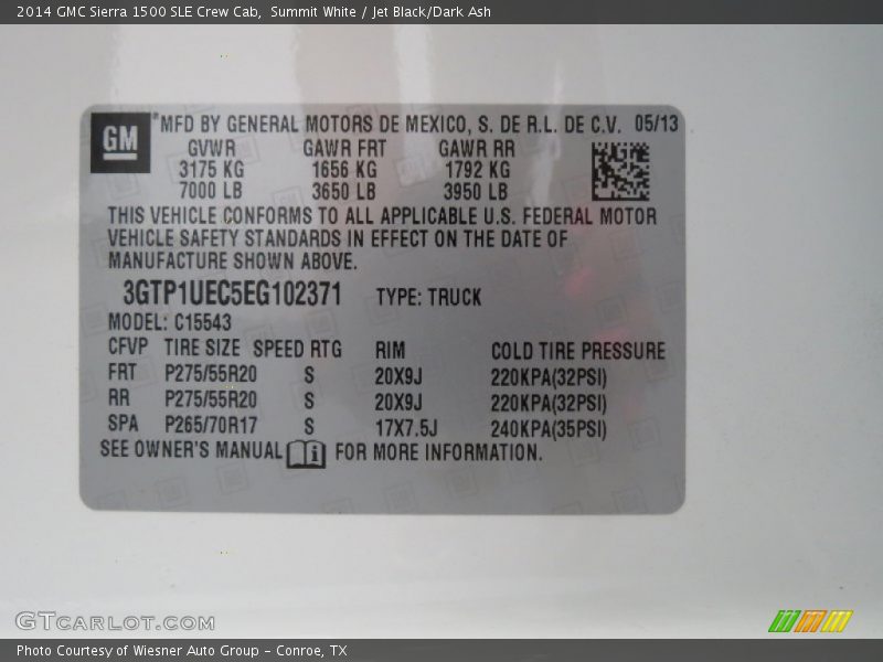 Info Tag of 2014 Sierra 1500 SLE Crew Cab