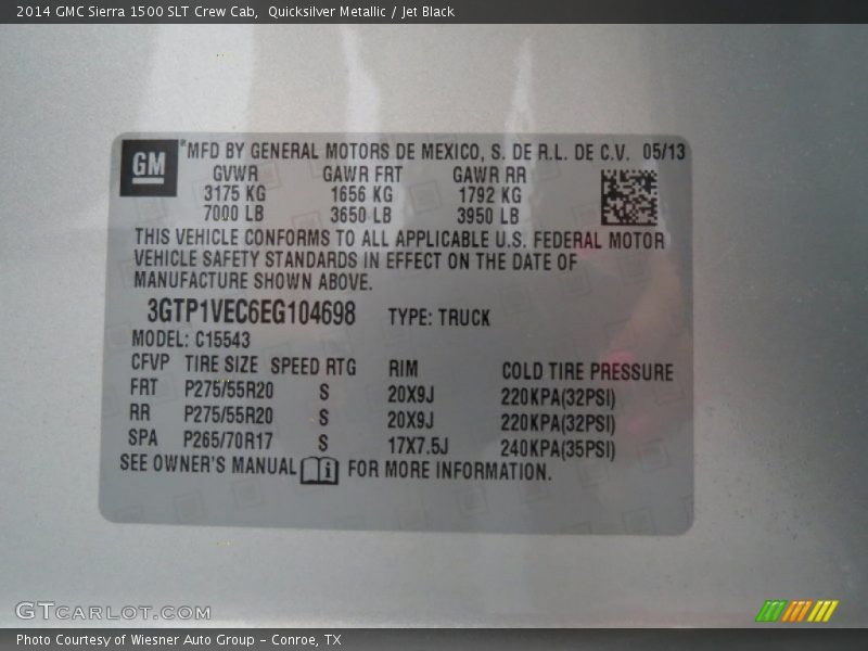 Info Tag of 2014 Sierra 1500 SLT Crew Cab