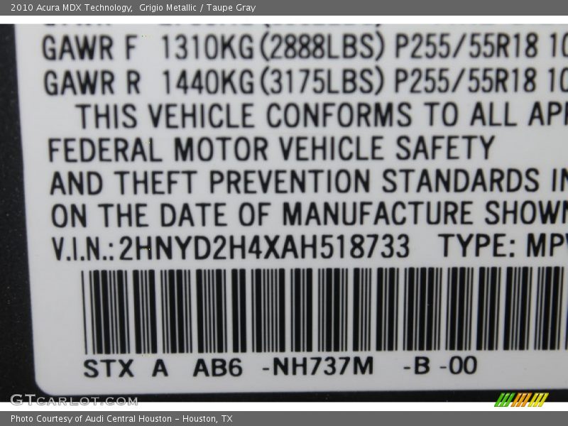 Grigio Metallic / Taupe Gray 2010 Acura MDX Technology