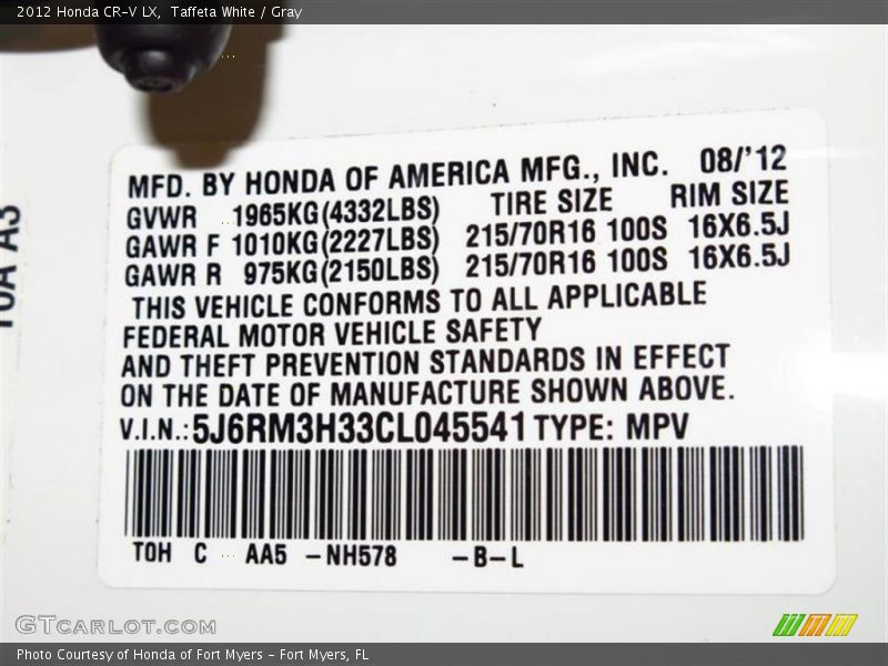 Taffeta White / Gray 2012 Honda CR-V LX