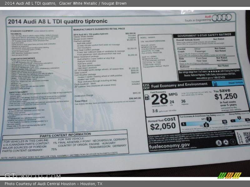  2014 A8 L TDI quattro Window Sticker