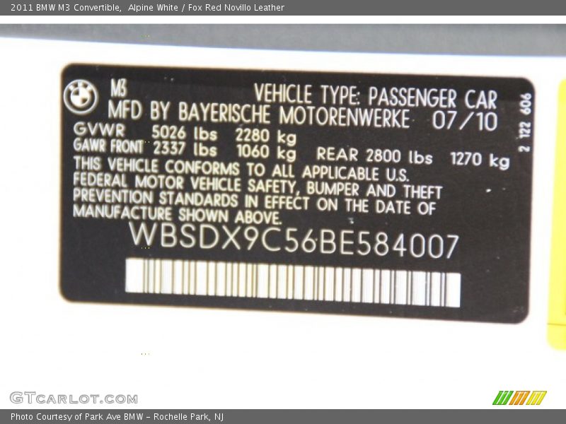 Alpine White / Fox Red Novillo Leather 2011 BMW M3 Convertible