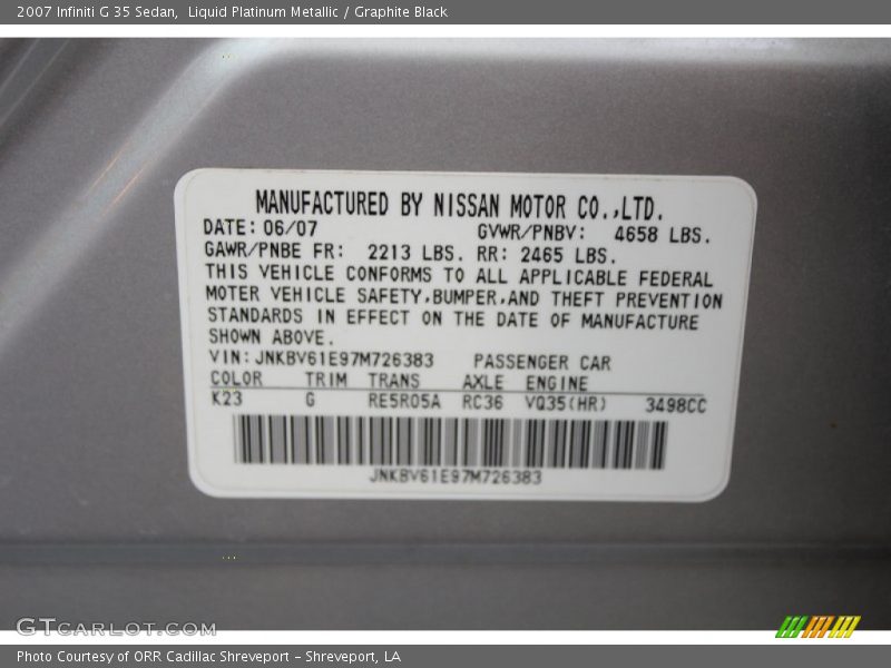 Liquid Platinum Metallic / Graphite Black 2007 Infiniti G 35 Sedan