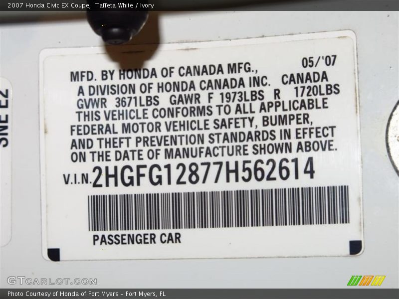 Taffeta White / Ivory 2007 Honda Civic EX Coupe