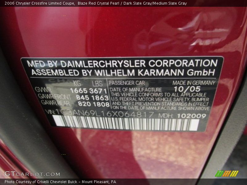 Info Tag of 2006 Crossfire Limited Coupe