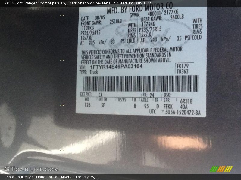 2006 Ranger Sport SuperCab Dark Shadow Grey Metallic Color Code CX