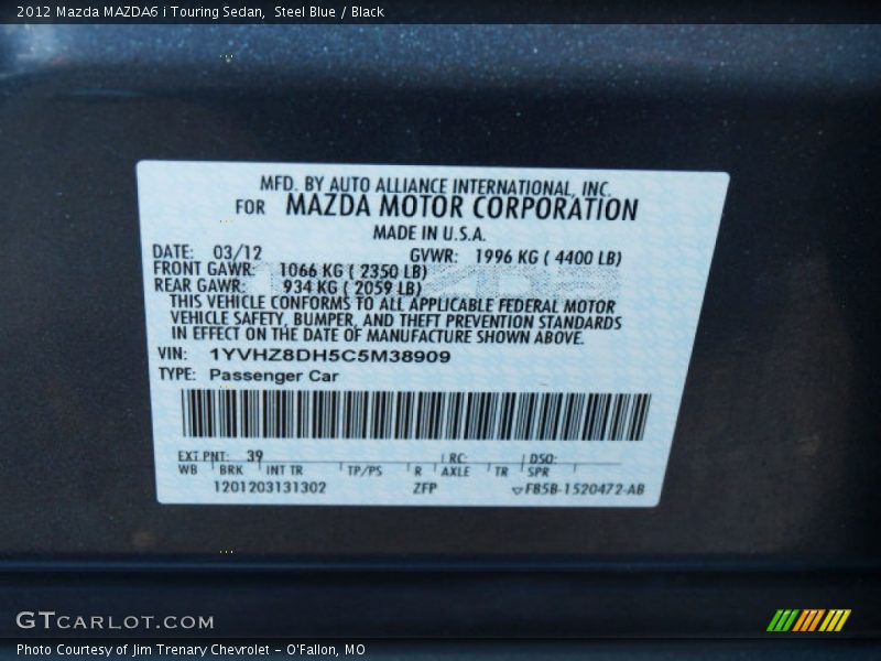 Steel Blue / Black 2012 Mazda MAZDA6 i Touring Sedan
