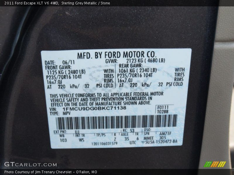 Sterling Grey Metallic / Stone 2011 Ford Escape XLT V6 4WD
