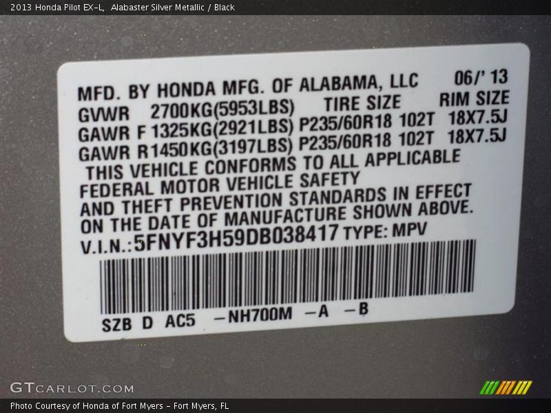 Alabaster Silver Metallic / Black 2013 Honda Pilot EX-L