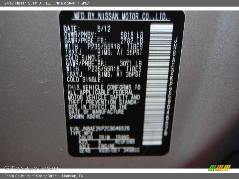 Brilliant Silver / Gray 2012 Nissan Quest 3.5 LE