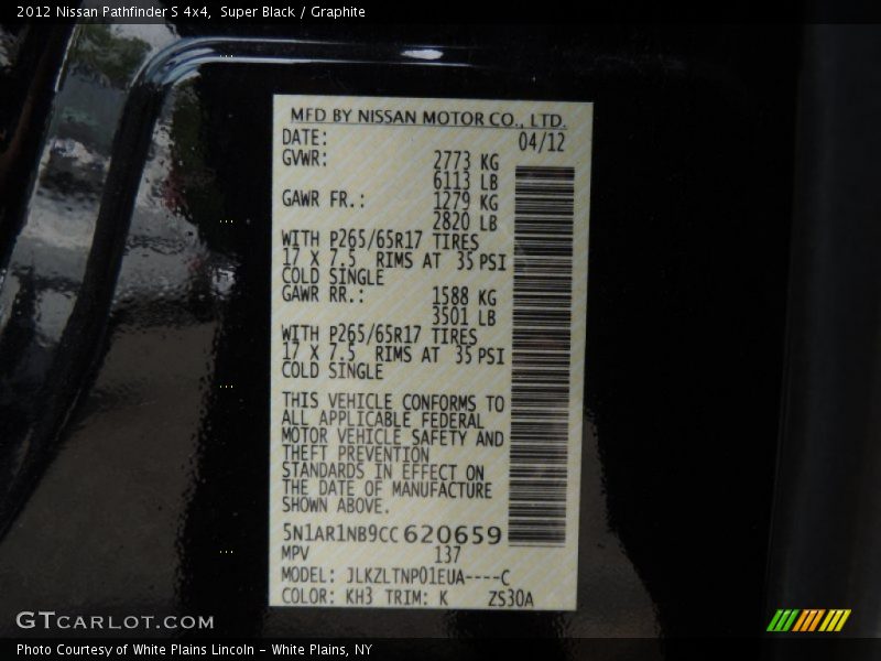 2012 Pathfinder S 4x4 Super Black Color Code KH3