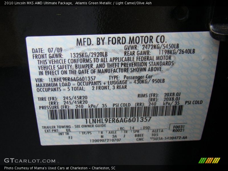 Atlantis Green Metallic / Light Camel/Olive Ash 2010 Lincoln MKS AWD Ultimate Package