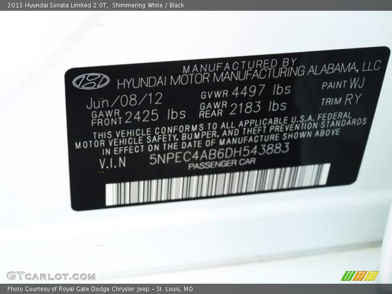 2013 Sonata Limited 2.0T Shimmering White Color Code WJ