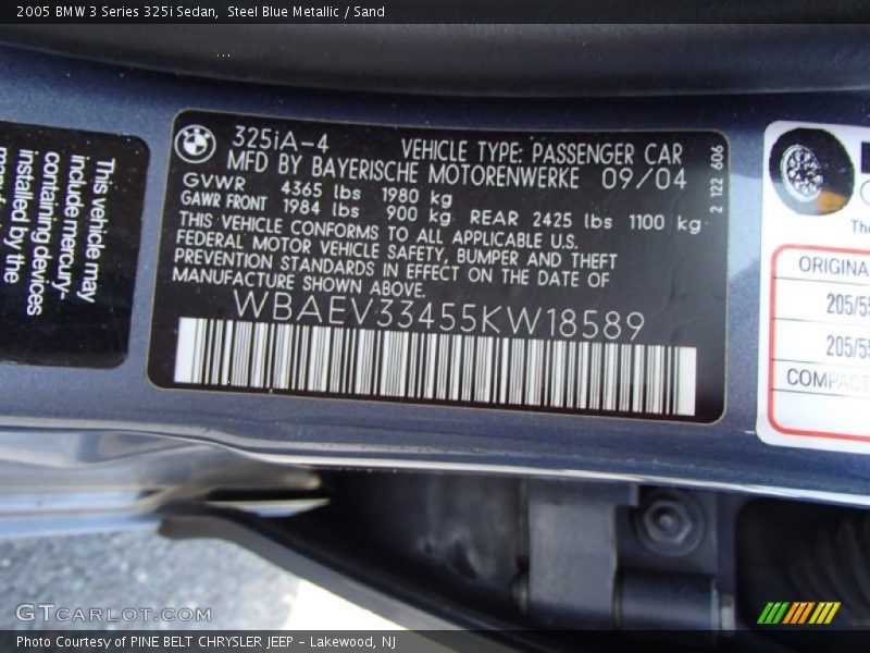 Info Tag of 2005 3 Series 325i Sedan