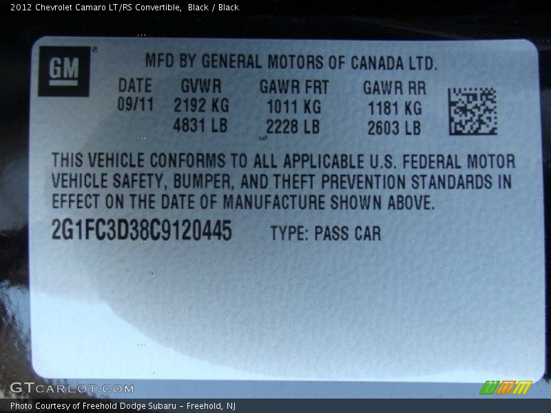 Black / Black 2012 Chevrolet Camaro LT/RS Convertible