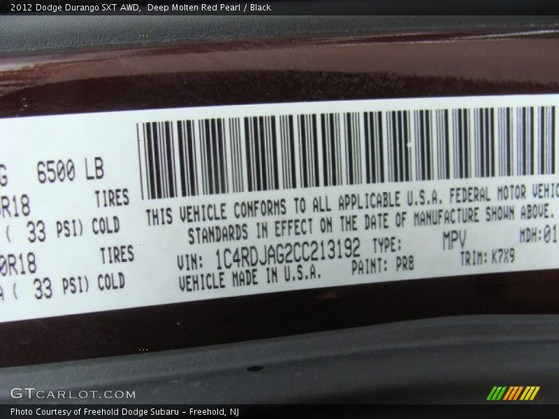 Deep Molten Red Pearl / Black 2012 Dodge Durango SXT AWD
