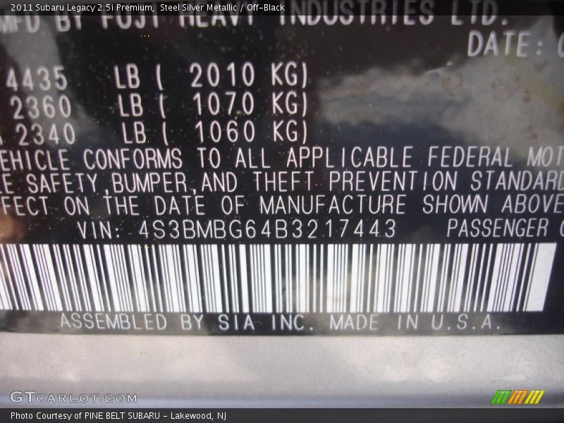 Steel Silver Metallic / Off-Black 2011 Subaru Legacy 2.5i Premium