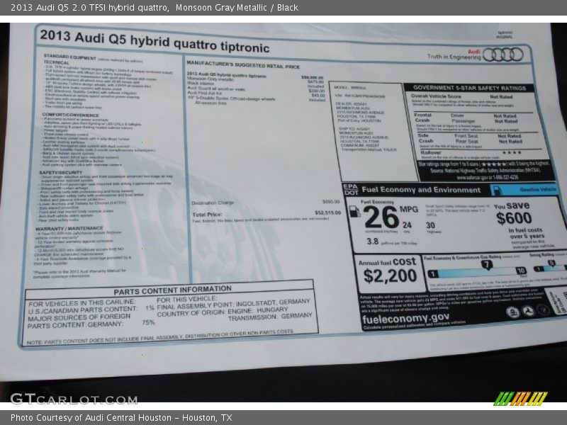  2013 Q5 2.0 TFSI hybrid quattro Window Sticker