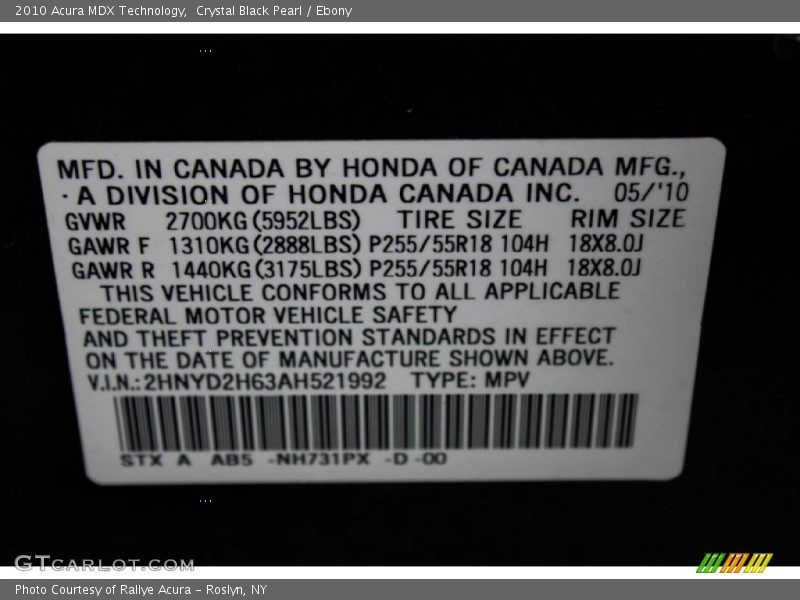 2010 MDX Technology Crystal Black Pearl Color Code NH731PX
