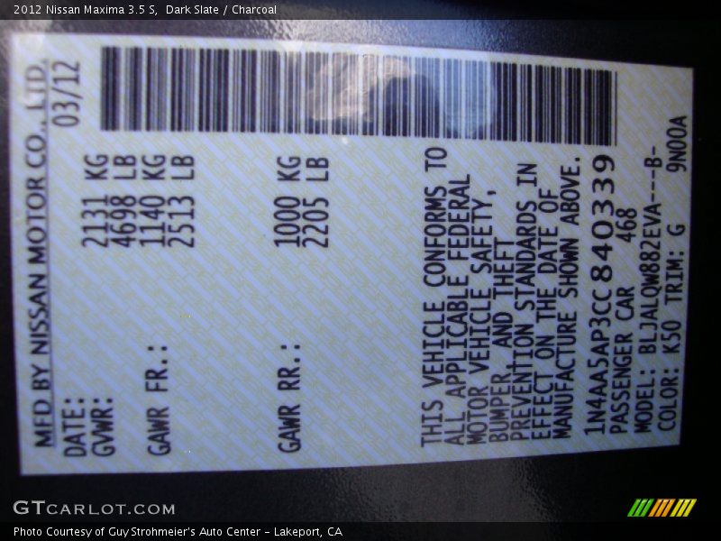 Dark Slate / Charcoal 2012 Nissan Maxima 3.5 S